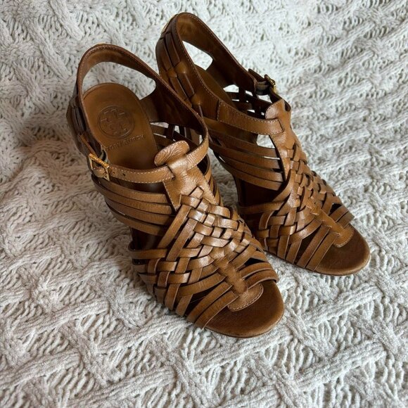 Tory Burch Nadia Huarache Sandals Women's 9 M Tan Leather Open Toe Heels‎ Logo - Picture 8 of 11